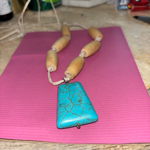 Turquoise Type Pendent Necklace Homemade Wooded Spools Corded Rope 14” Long - Picture 3 of 9